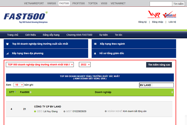 BV LAND (BVL) ACHIEVE HIGH RANKING IN TOP 500 FASTEST GROWING ENTERPRISES IN VIETNAM IN 2022